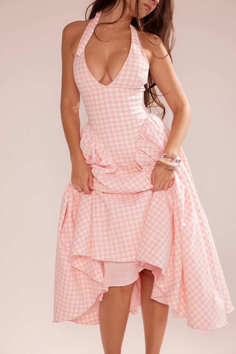 Plaid Print Halter Deep V Neck A-Line Midi Dresses-Pink-Hayhty.All Rights Reserved.