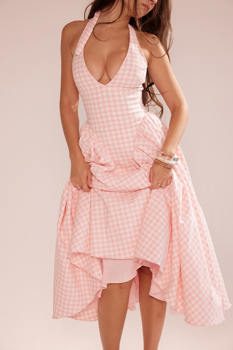 Plaid Print Halter Deep V Neck A-Line Midi Dresses-Pink-Hayhty.All Rights Reserved.
