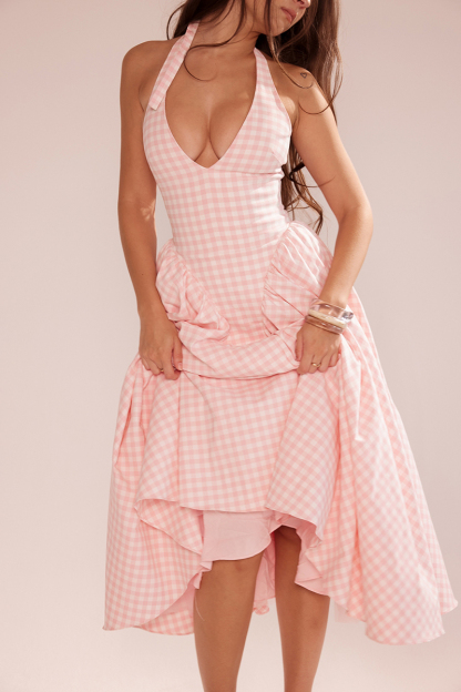 Plaid Print Halter Deep V Neck A-Line Midi Dresses-Pink-Hayhty.All Rights Reserved.