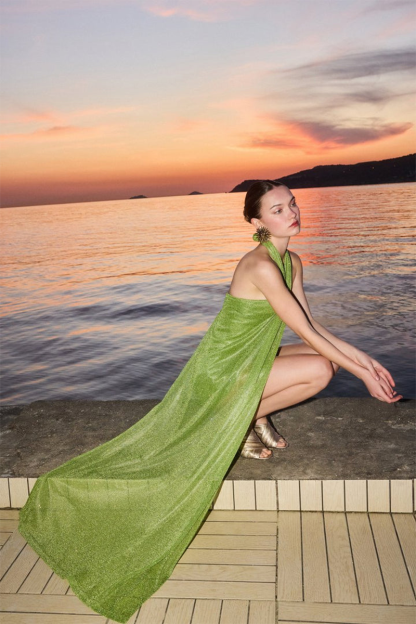 Asymmetrical Overlay Halter Shimmery Irregular Maxi Dresses-Green-Hayhty.All Rights Reserved.