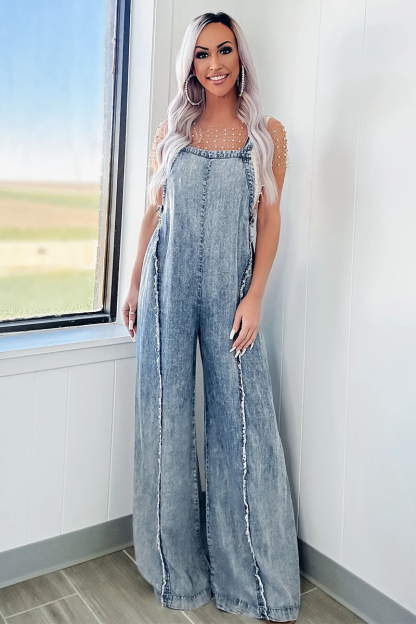 Denim Raw Edge Wide Leg Overalls-Blue-Hayhty.All Rights Reserved.