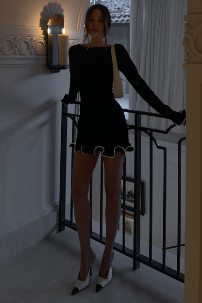 Colorblock Lettuce Trim Long Sleeve Slim-Fit Knit Mini Dresses-White-Hayhty.All Rights Reserved.
