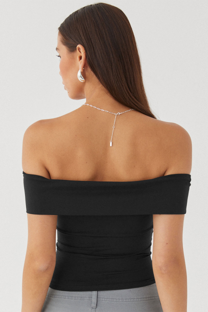 Boat Neck Dropped Shoulder Solid Color Slim Fit Crop Top-White-Hayhty.All Rights Reserved.