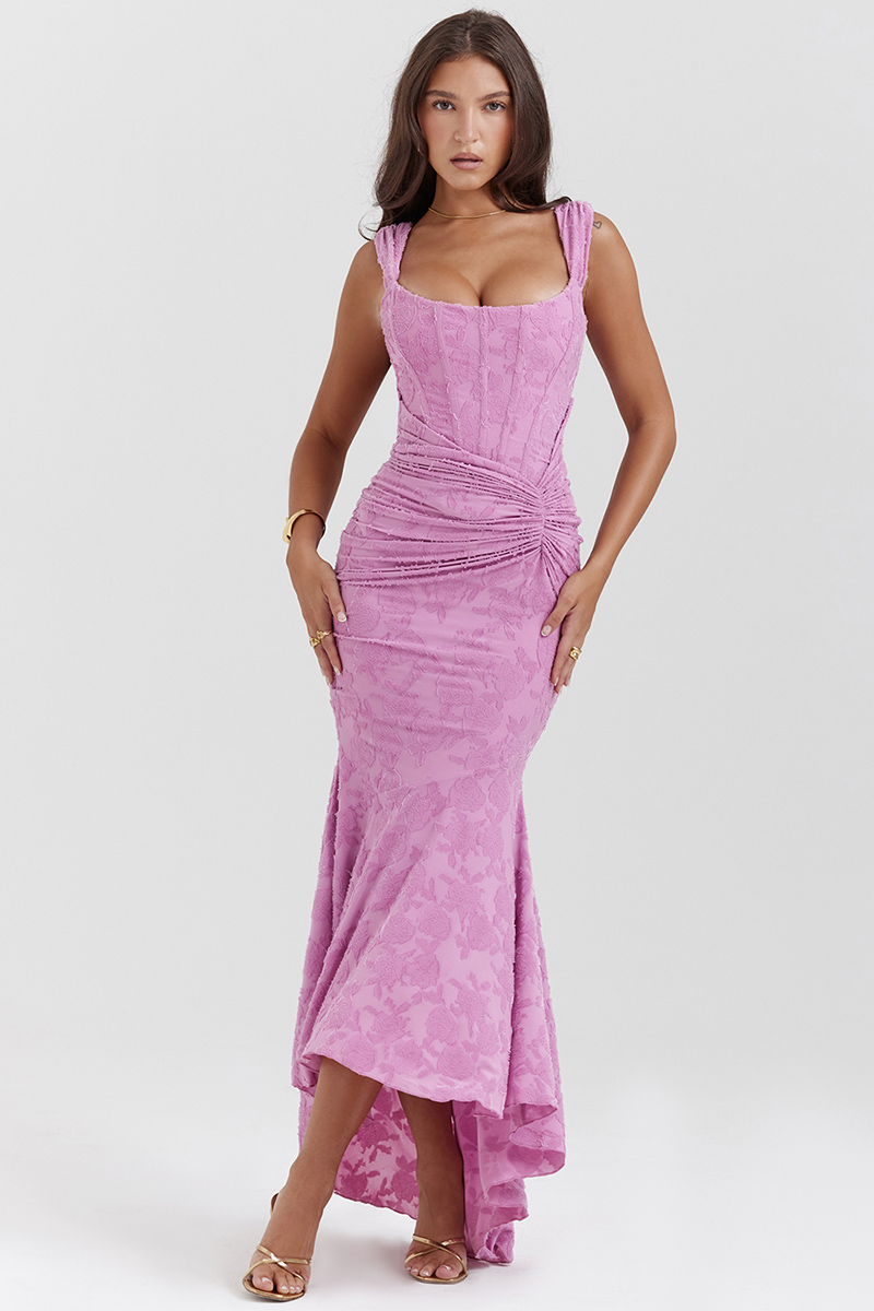 Sleeveless Corset Floral Jacquard Formal Party Mermaid Midi Dresses-Purple-Hayhty.All Rights Reserved.