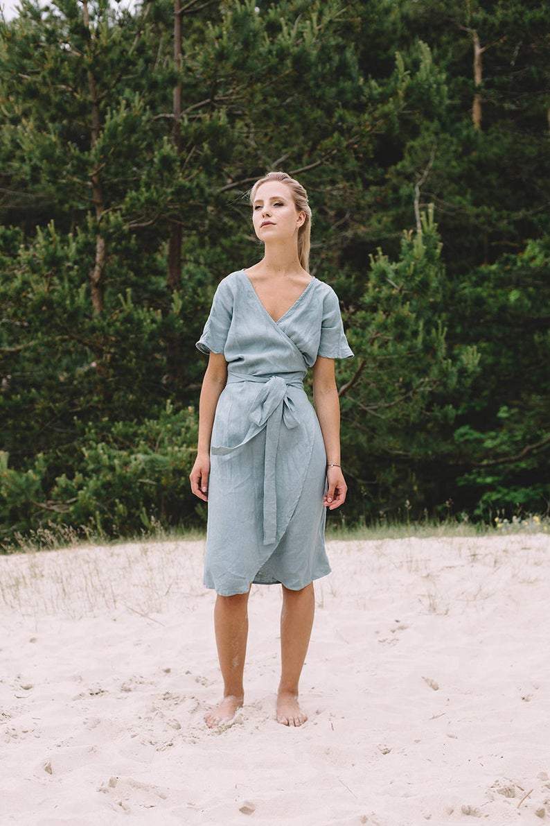 Wrap Linen Midi Dress-Hayhty.All Rights Reserved.