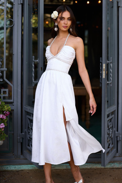 Rhinestone Pearls Trim Halter Corset Slit Midi Dresses-White-Hayhty.All Rights Reserved.