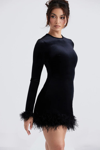 Velvet Feather Long Sleeve Cocktail Party Mini Dresses-Hayhty.All Rights Reserved.