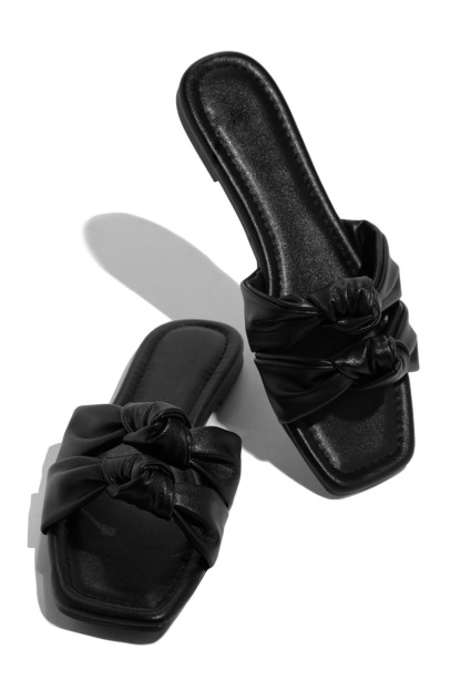 PU Leather Knotted Cutout Pleated Flat Slippers-Hayhty.All Rights Reserved.