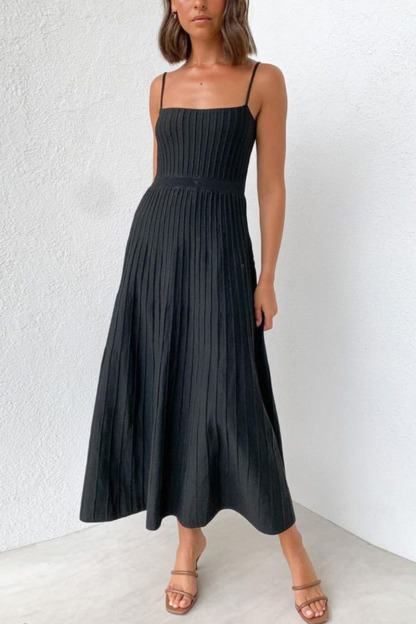 Knit Boat Neck Spaghetti Strap A-Line Vacation Midi Dress-Hayhty.All Rights Reserved.
