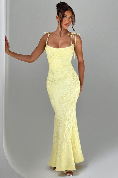 Lace Up Spaghetti Strap Slim Fit Jacquard Maxi Dresses-Yellow-Hayhty.All Rights Reserved.