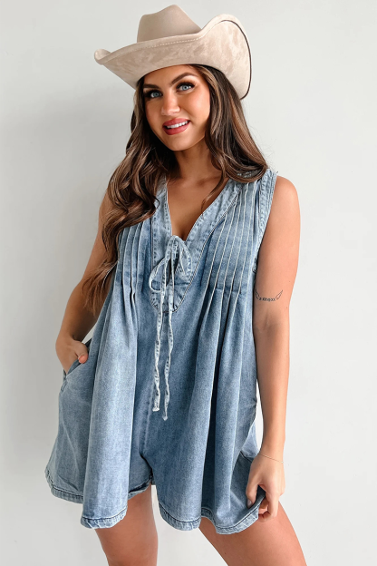 V Neck Front Tie Up Sleeveless Loose Fit Denim Casual Playsuit Romper-Blue-Hayhty.All Rights Reserved.