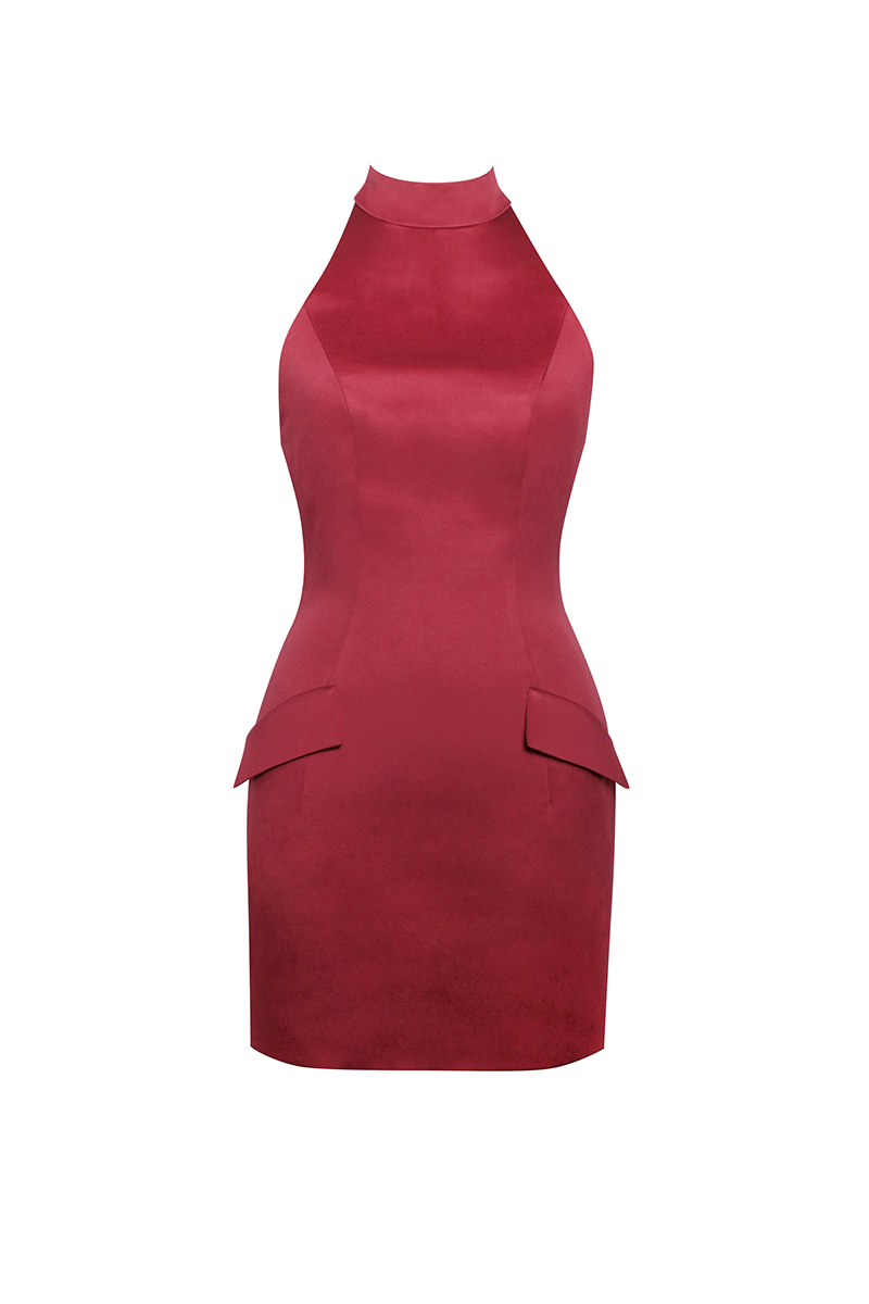 Halter Open Back Bodycon Decorative Flap Pockets Mini Dresses-Red-Hayhty.All Rights Reserved.