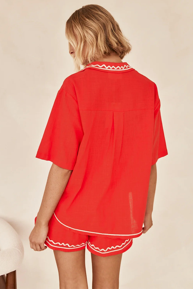 Floral Embroidery Short Sleeve Blouse Elastic Waist Shorts Matching Set-Blue-Hayhty.All Rights Reserved.