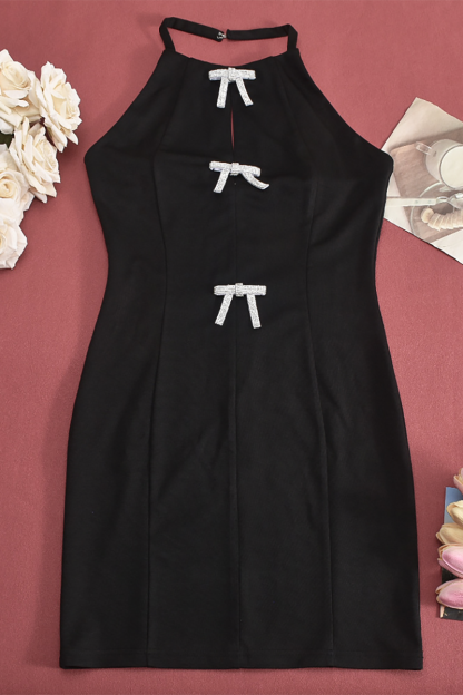 Bow Decor Cutout Halter Neck Bodycon Knit Mini Dresses-Black-Hayhty.All Rights Reserved.