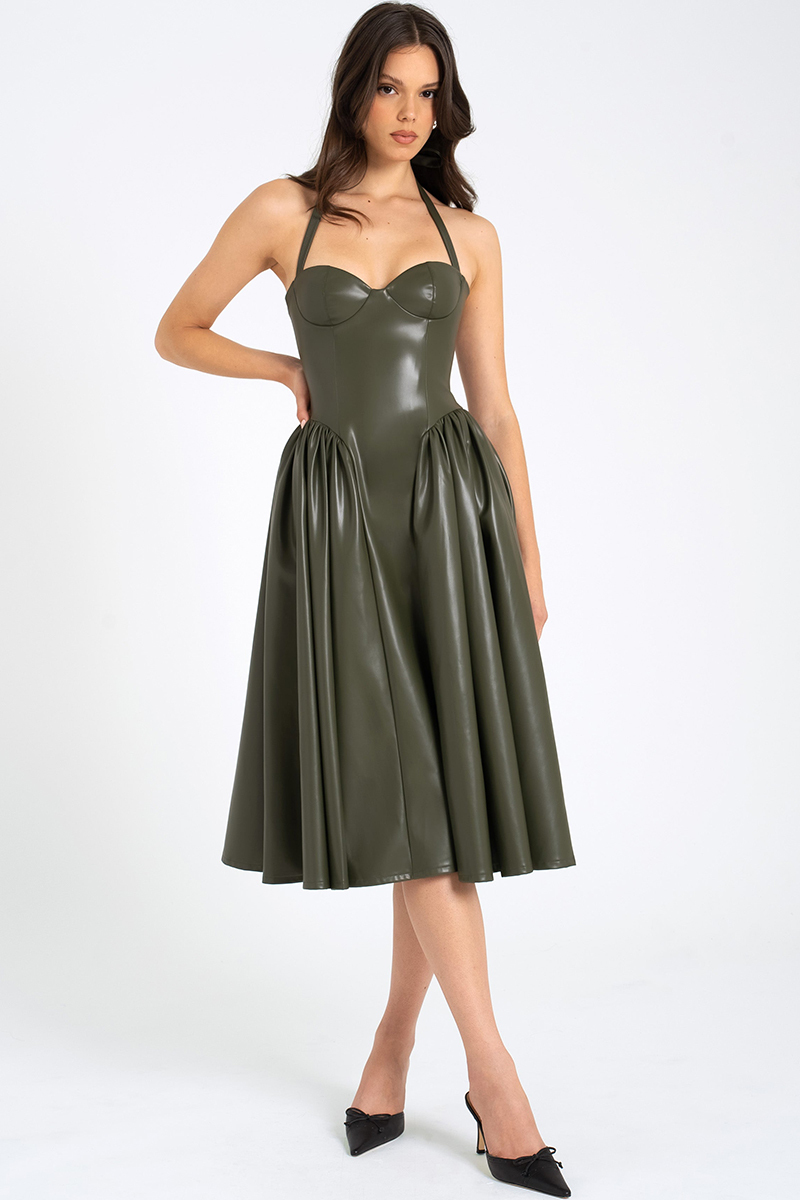 Halter Neck Corset Design Pleated Vegan Leather Midi Dresses-Olive-Hayhty.All Rights Reserved.