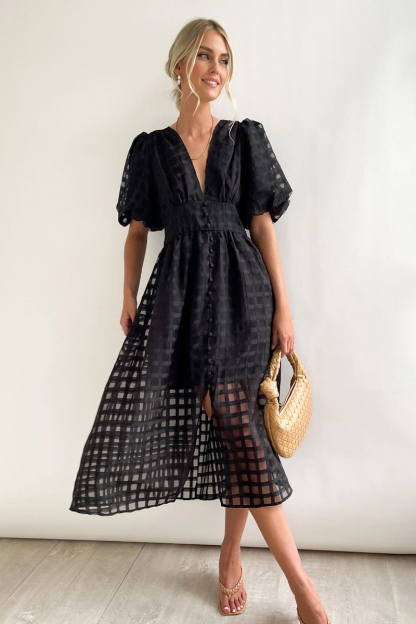 V Neck Lantern Short Sleeve Button Slit Mesh Plaid Vacation Midi Dress-Hayhty.All Rights Reserved.