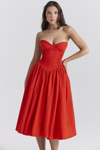 Strapless Corset Pleated Hem Prom Party Midi Dresses-Red-Hayhty.All Rights Reserved.