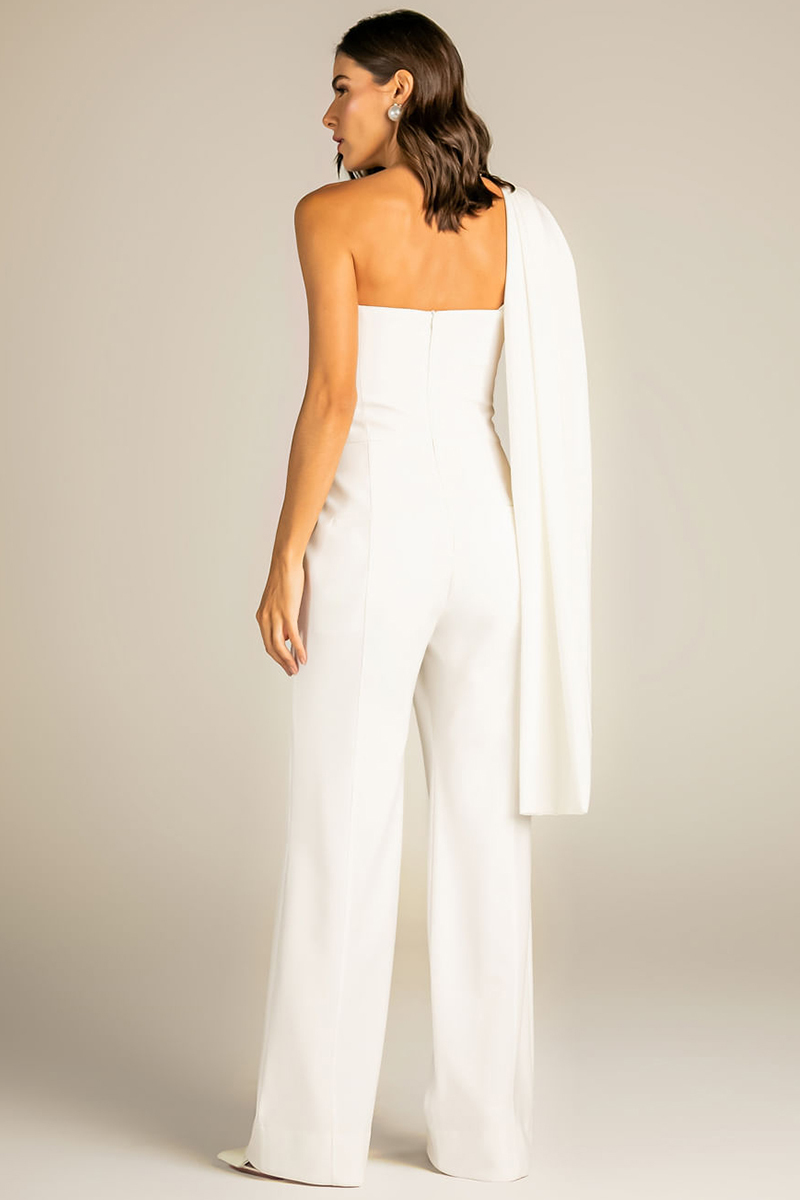One Shoulder Streamer Ruched Straight Leg Plain Jumpsuit-White-Hayhty.All Rights Reserved.