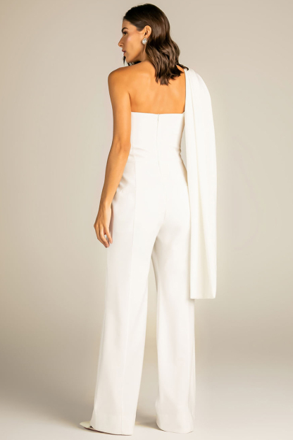 One Shoulder Streamer Ruched Straight Leg Plain Jumpsuit-White-Hayhty.All Rights Reserved.
