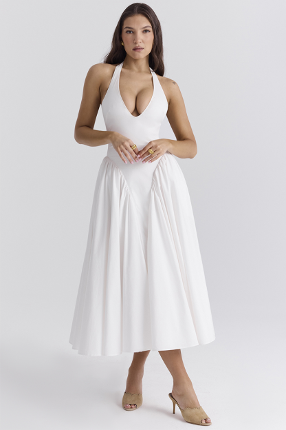 Deep V Neck Halter Cinch Waist Plain Midi Dresses-White-Hayhty.All Rights Reserved.