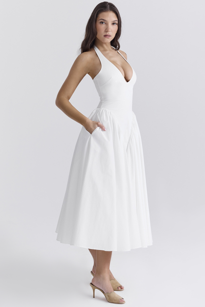 Deep V Neck Halter Cinch Waist Plain Midi Dresses-White-Hayhty.All Rights Reserved.