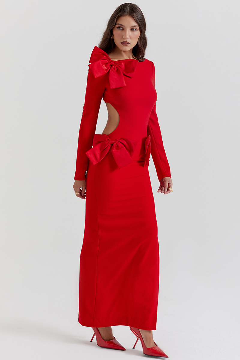Bow Decor Long Sleeve Backless Slim Fit Side Slit Gowns Maxi Dresses-Red-Hayhty.All Rights Reserved.