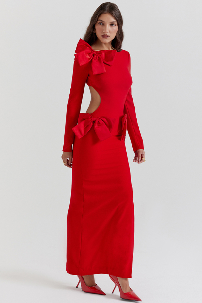 Bow Decor Long Sleeve Backless Slim Fit Side Slit Gowns Maxi Dresses-Red-Hayhty.All Rights Reserved.