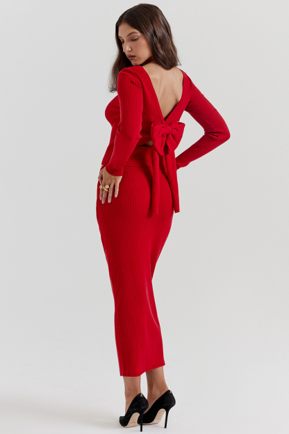 Pit Knit Long Sleeve Ribbon Back Crop Top Solid Midi Skirt Matching Set-Red-Hayhty.All Rights Reserved.