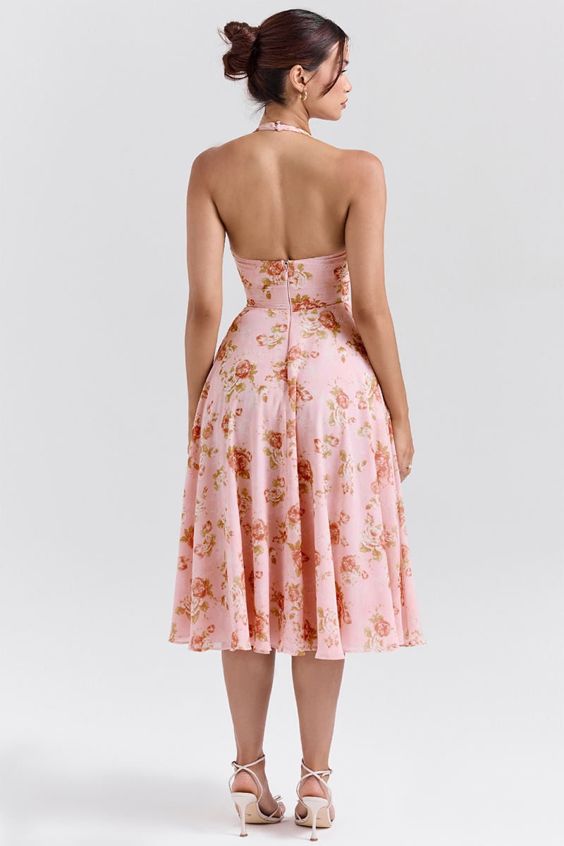 Deep V Neck Floral Print Cinch Waist Halter Midi Dresses-Pink-Hayhty.All Rights Reserved.