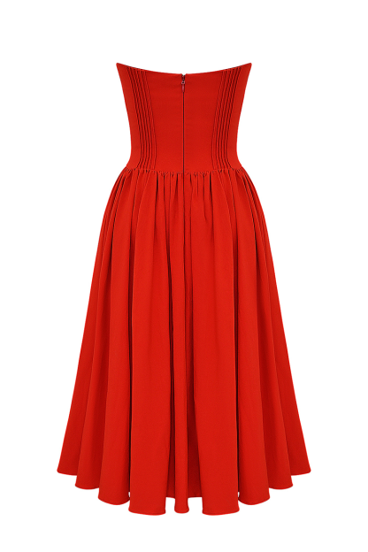 Strapless Corset Pleated Hem Prom Party Midi Dresses-Red-Hayhty.All Rights Reserved.