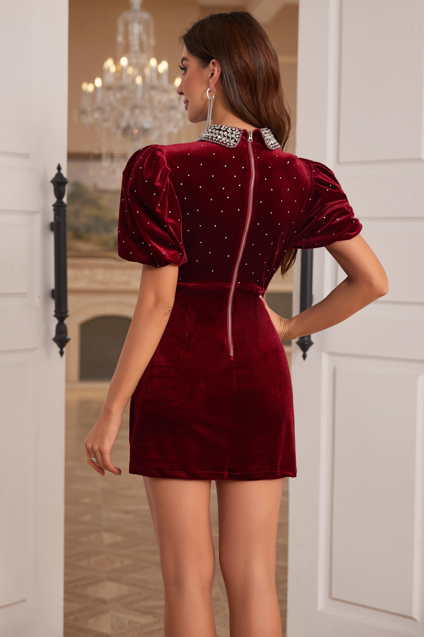 Rhinestone Collar Puffy Sleeve Polka Dot A-Line Velvet Mini Dresses-Hayhty.All Rights Reserved.