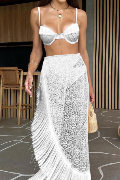 Cami Bra Fringe Lace Cover Ups Maxi Skirt Bikini Three-Piece Set-Beige-Hayhty.All Rights Reserved.