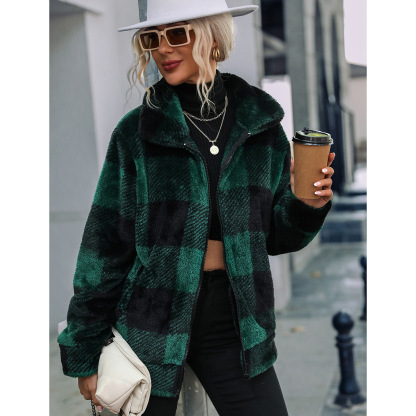 Faux Fur Plaid Turndown Collar Zipper Jacket-Hayhty.All Rights Reserved.