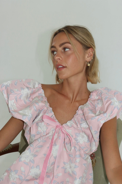 Floral Print V Neck Puffy Sleeve Tie-Up Ribbon A-Line Mini Dresses-Pink-Hayhty.All Rights Reserved.