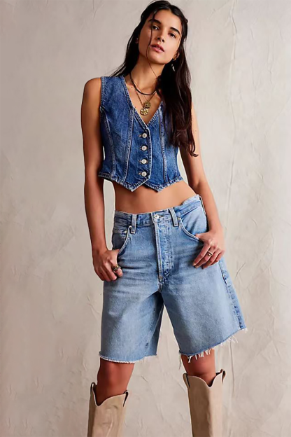 Deep V Neck Button Up Denim Crop Vest-Blue-Hayhty.All Rights Reserved.