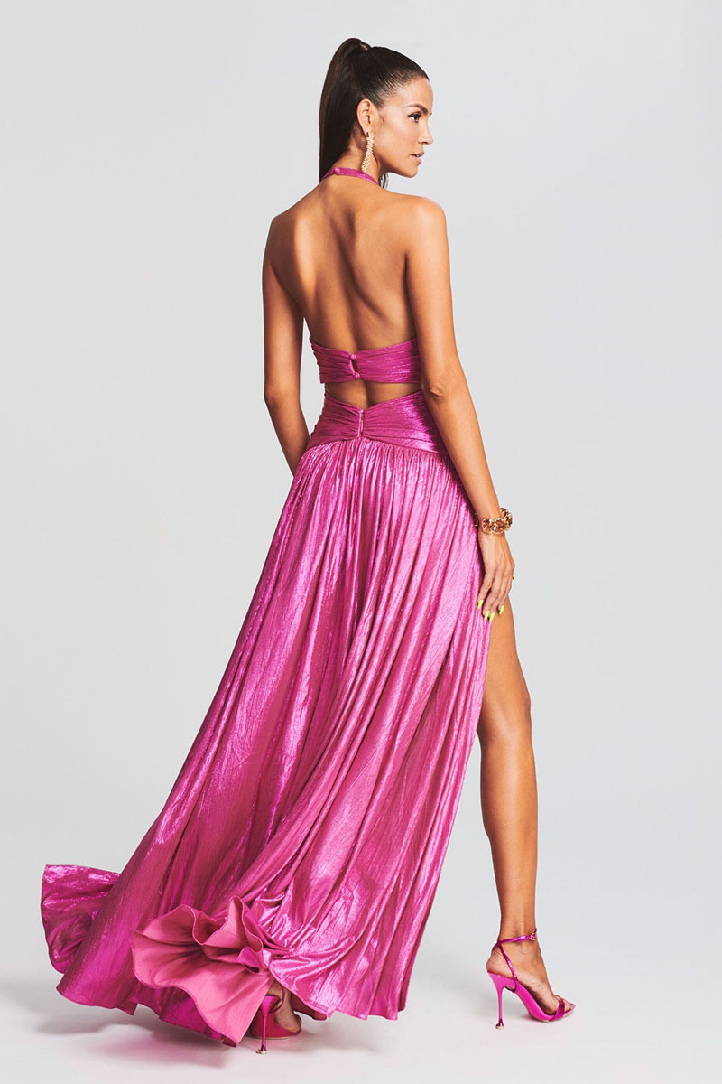 Shiny V Neck Halter Cutout Backless Slit Party Maxi Dresses-Hayhty.All Rights Reserved.