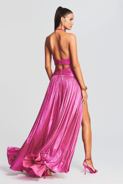 Shiny V Neck Halter Cutout Backless Slit Party Maxi Dresses-Hayhty.All Rights Reserved.
