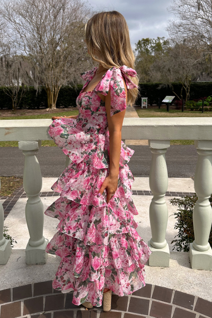 Floral Print Tie Up Cami Tiered Ruffled Hem Midi Dresses-Pink-Hayhty.All Rights Reserved.