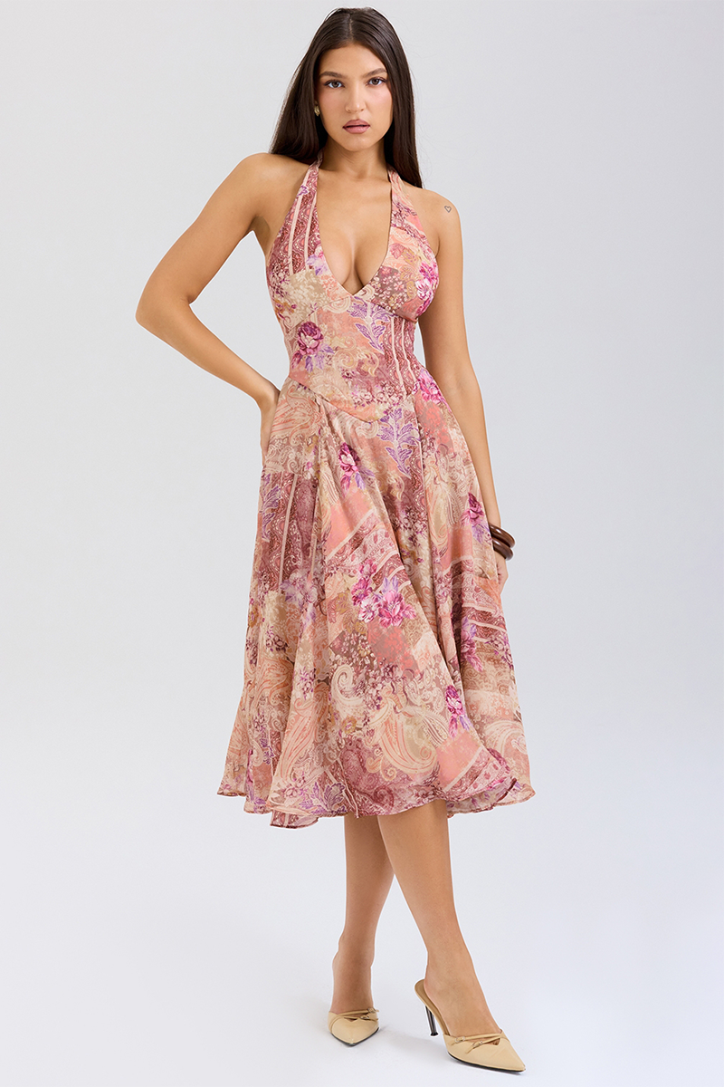Floral Paisley Mixed Print Cinch Waist Halter Midi Dresses-Purple-Hayhty.All Rights Reserved.