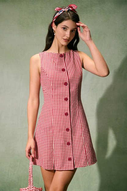 Plaid Pattern Button Up A-Line Mini Tank Dresses-Red-Hayhty.All Rights Reserved.