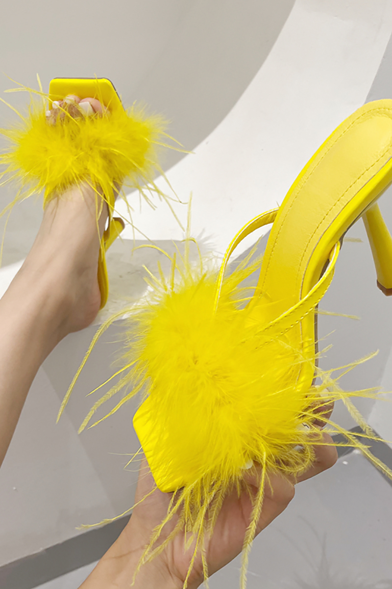 Feather Square Toe Slip On High Heel Sandals-Hayhty.All Rights Reserved.