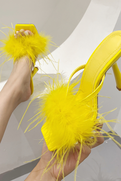 Feather Square Toe Slip On High Heel Sandals-Hayhty.All Rights Reserved.