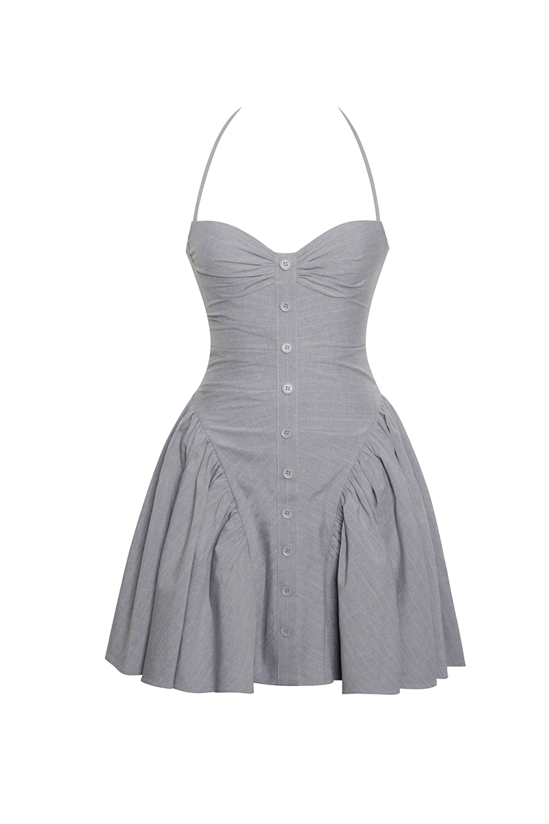 Cinch Waist Button Up Pleated Hem Halter Mini Dresses-Grey-Hayhty.All Rights Reserved.