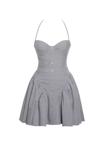 Cinch Waist Button Up Pleated Hem Halter Mini Dresses-Grey-Hayhty.All Rights Reserved.