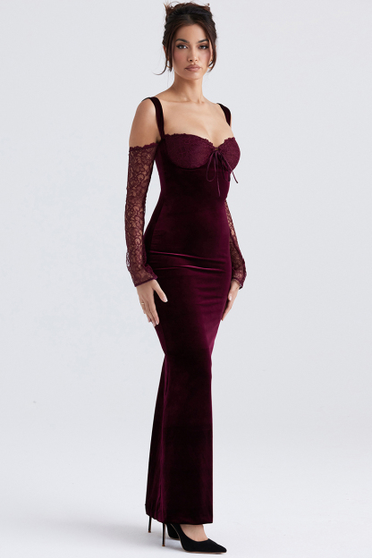 Cold Shoulder Lace Sleeve Bodycon Velvet Formal Party Maxi Dresses-Hayhty.All Rights Reserved.