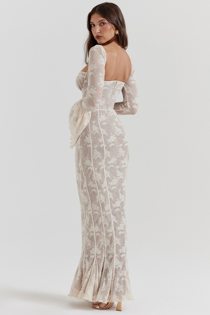 Square Neck Long Flare Sleeve Jacquard Fishtail Garden Party Maxi Dresses-White-Hayhty.All Rights Reserved.