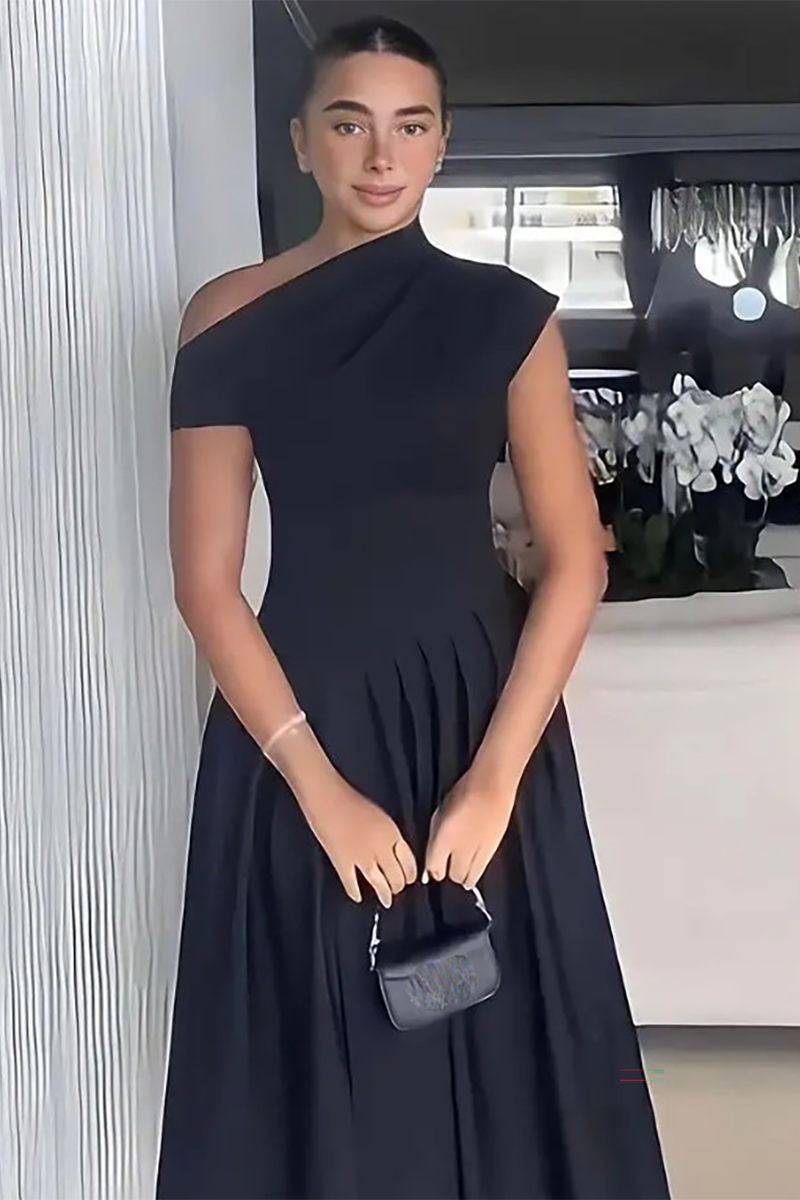 Skew Neck Short Sleeve Cinch Waist Pleated Hem Maxi Dresses-Green-Hayhty.All Rights Reserved.