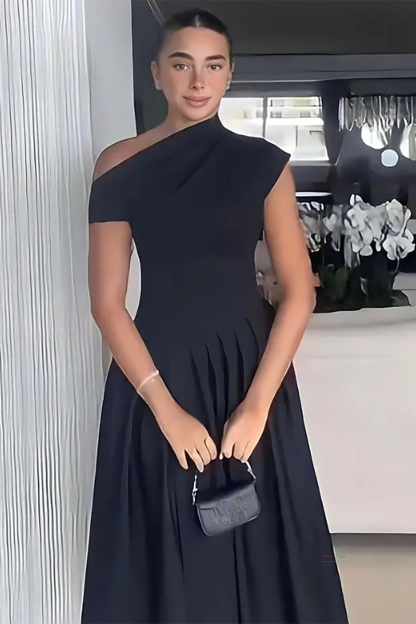 Skew Neck Short Sleeve Cinch Waist Pleated Hem Maxi Dresses-Green-Hayhty.All Rights Reserved.