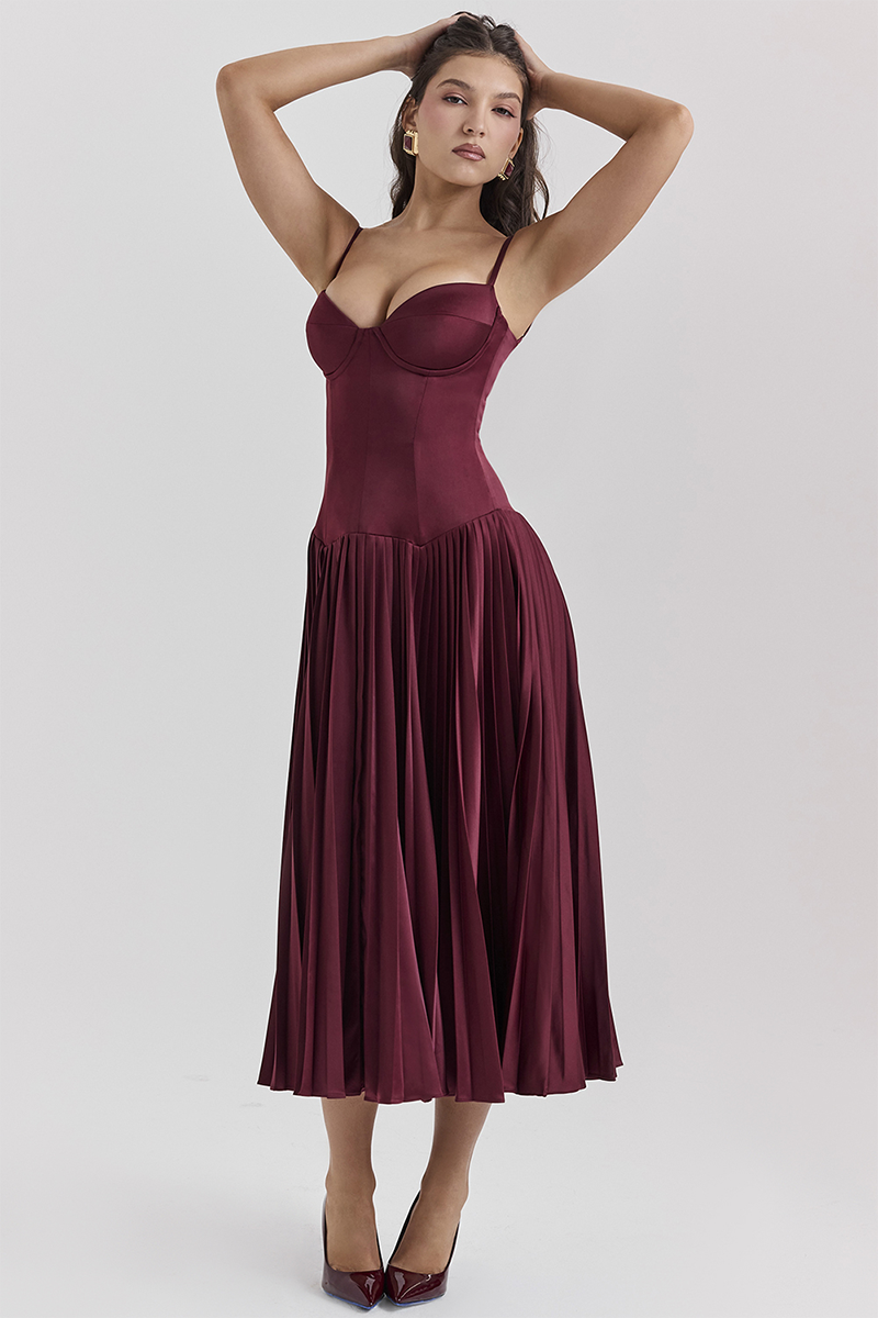 Irregular Neck Corset A-Line Pleated Hem Satin Slip Midi Dresses-Burgundy-Hayhty.All Rights Reserved.