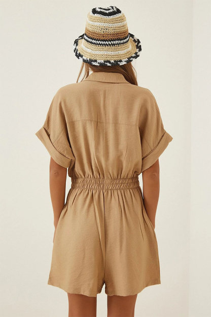 Turndown Collar Short Sleeve Pockets Solid Color Casual Playsuit Romper-Khaki-Hayhty.All Rights Reserved.